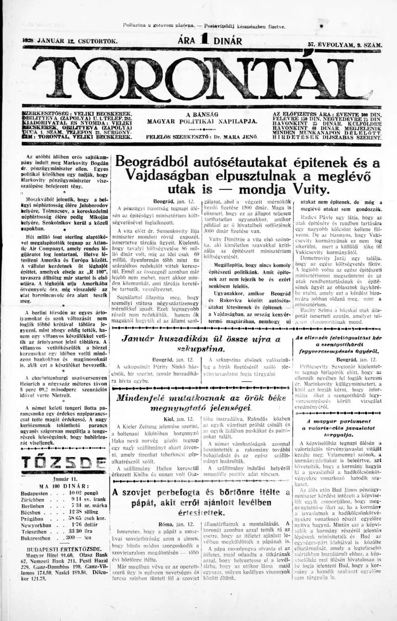 Torontál, 57. évf. 1928. január 12. 9. sz.