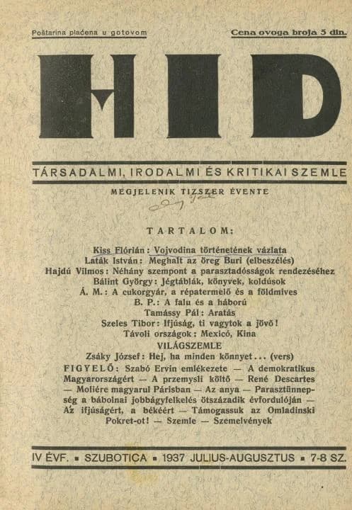Híd, 4. évf. 1937. július – augusztus. 7–8. sz. 1–56. oldal