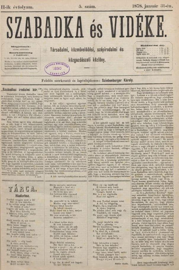 Szabadka és vidéke, 2. évf. 1878. január 31. 5. sz.