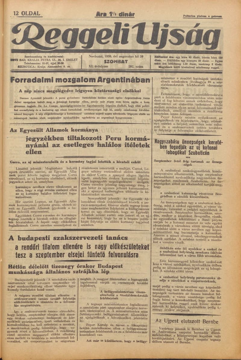 Reggeli Újság, 11. évf. 1930. augusztus 30. 202. sz.