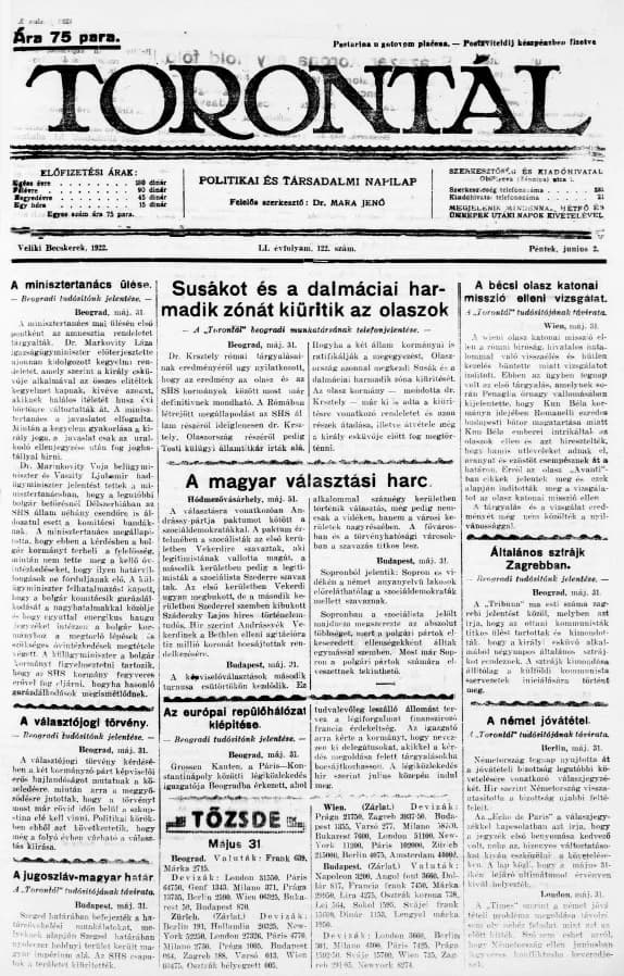 Torontál, 51. évf. 1922. június 2. 122. sz.
