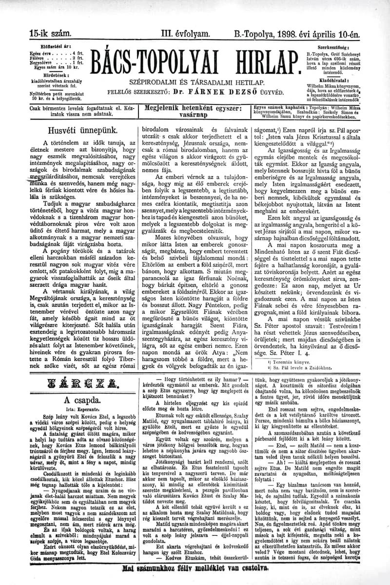 Bács-Topolyai Hirlap, 3. évf. 1898. április 10. 15. sz.