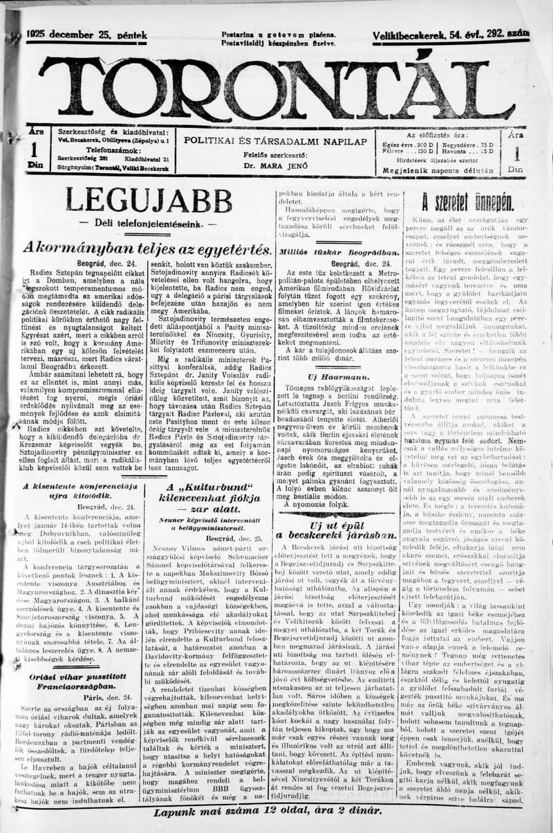 Torontál, 54. évf. 1925. december 25. 292. sz.