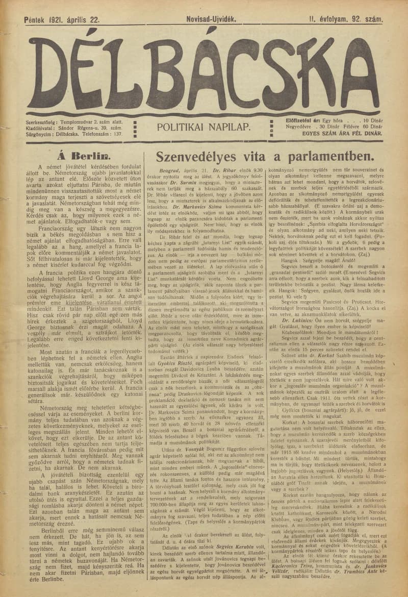 Délbácska, 2. évf. 1921. április 22. 92. sz.