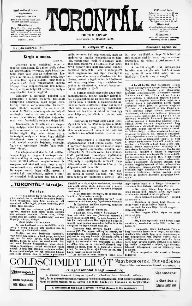 Torontál, 40. évf. 1911. április 22. 92. sz.