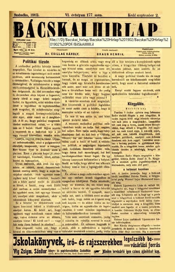 Bácskai Hirlap, 6. évf. 1902. szeptember 2. 177. sz.