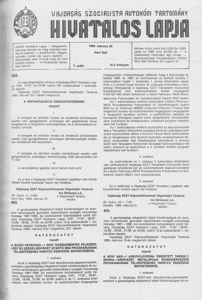 Vajdaság Szocialista Autonóm Tartomány Hivatalos Lapja, 45. évf. 1989. március 25. 7. sz.