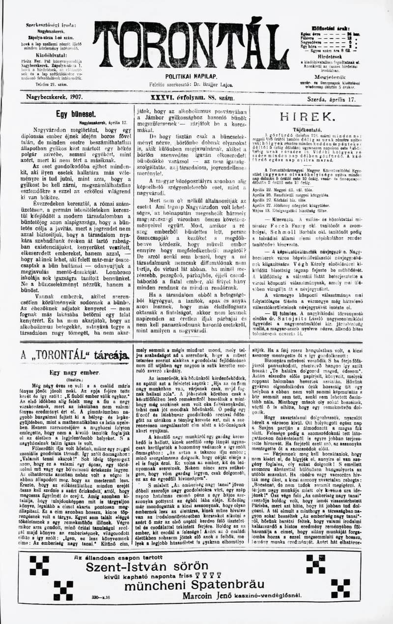 Torontál, 36. évf. 1907. április 17. 88. sz.