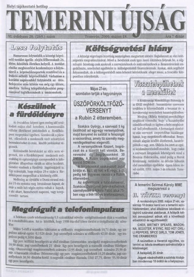 Temerini Újság, 6. évf. 2000. május 18. 20. sz.