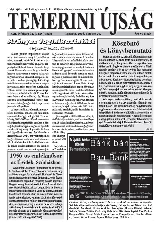 Temerini Újság, 22. évf. 2016. október 20. 42. sz.