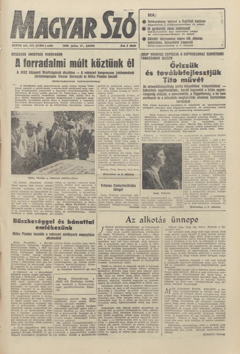 Magyar Szó, 37. évf. 1980. június 27. 175. sz. 1–20. oldal