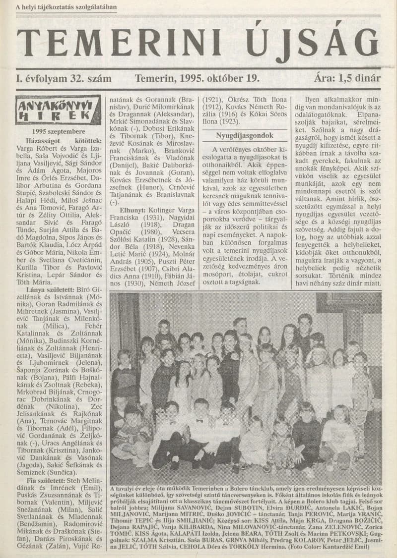 Temerini Újság, 1. évf. 1995. október 19. 32. sz.