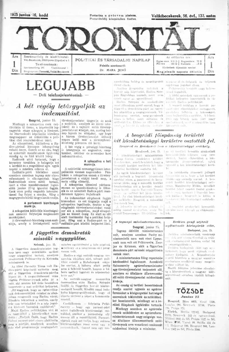 Torontál, 54. évf. 1925. június 16. 132. sz.