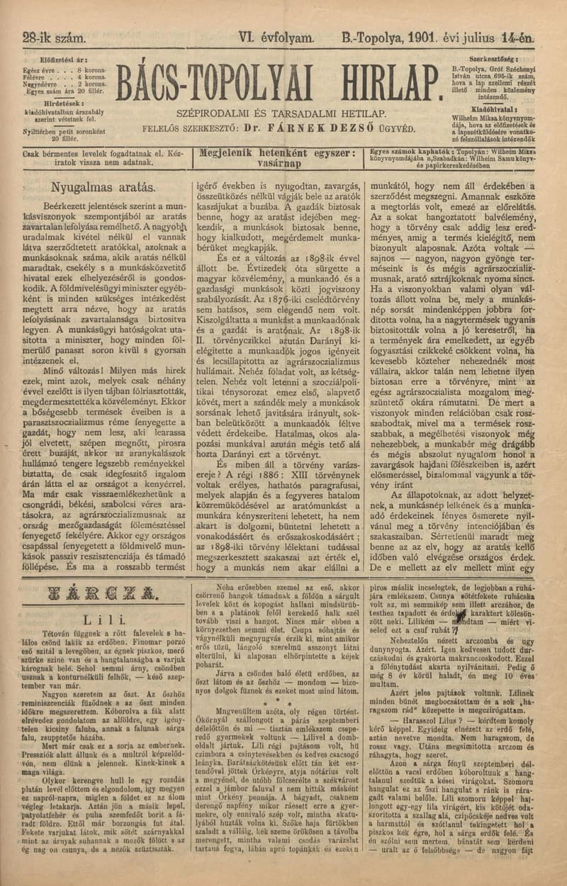 Bács-Topolyai Hirlap, 6. évf. 1901. július 14. 28. sz.