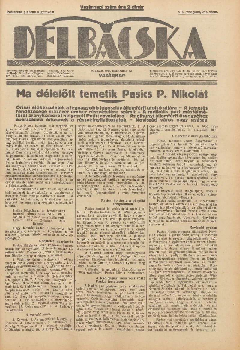 Délbácska, 7. évf. 1926. december 12. 287. sz.