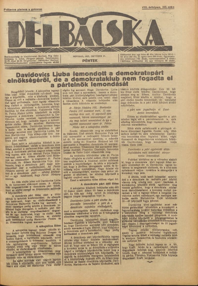 Délbácska, 8. évf. 1927. október 21. 245. sz.
