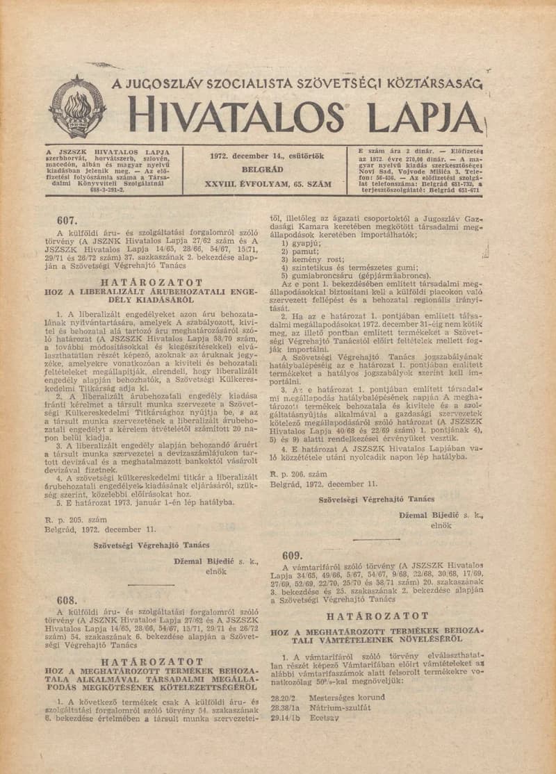 A Jugoszláv Szocialista Szövetségi Köztársaság Hivatalos Lapja, 28. évf. 1972. december 14. 65. sz. 1233–1248. oldal