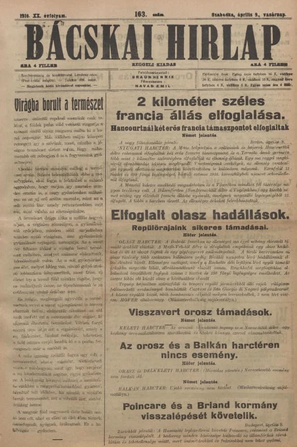 Bácskai Hirlap, 20. évf. 1916. április 9. 163. sz.