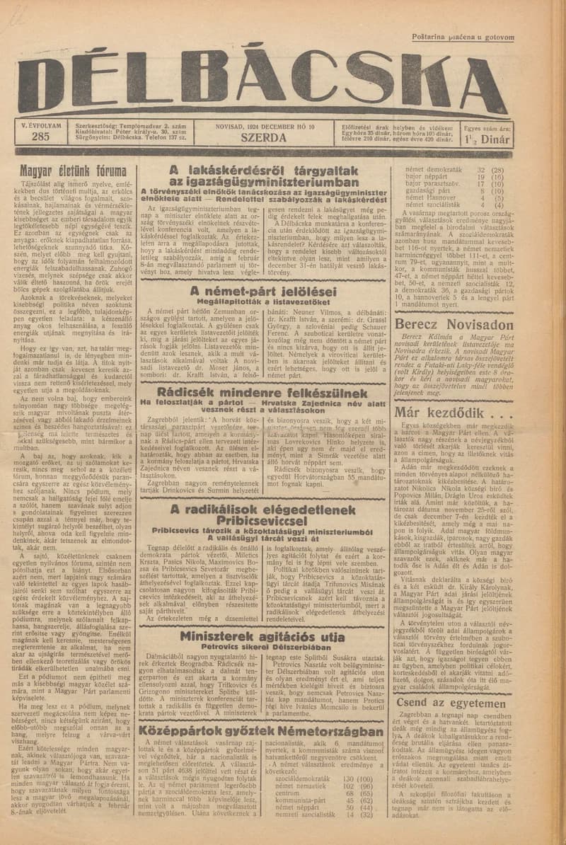 Délbácska, 5. évf. 1924. december 10. 285. sz.