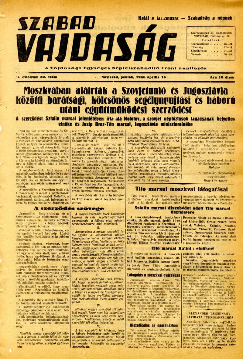 Szabad Vajdaság, 2. évf. 1945. április 13. 82. sz.