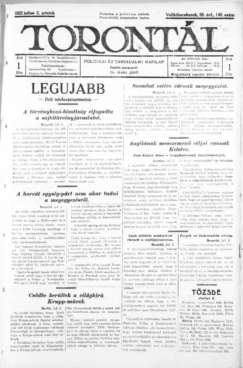 Torontál, 54. évf. 1925. július 3. 146. sz.