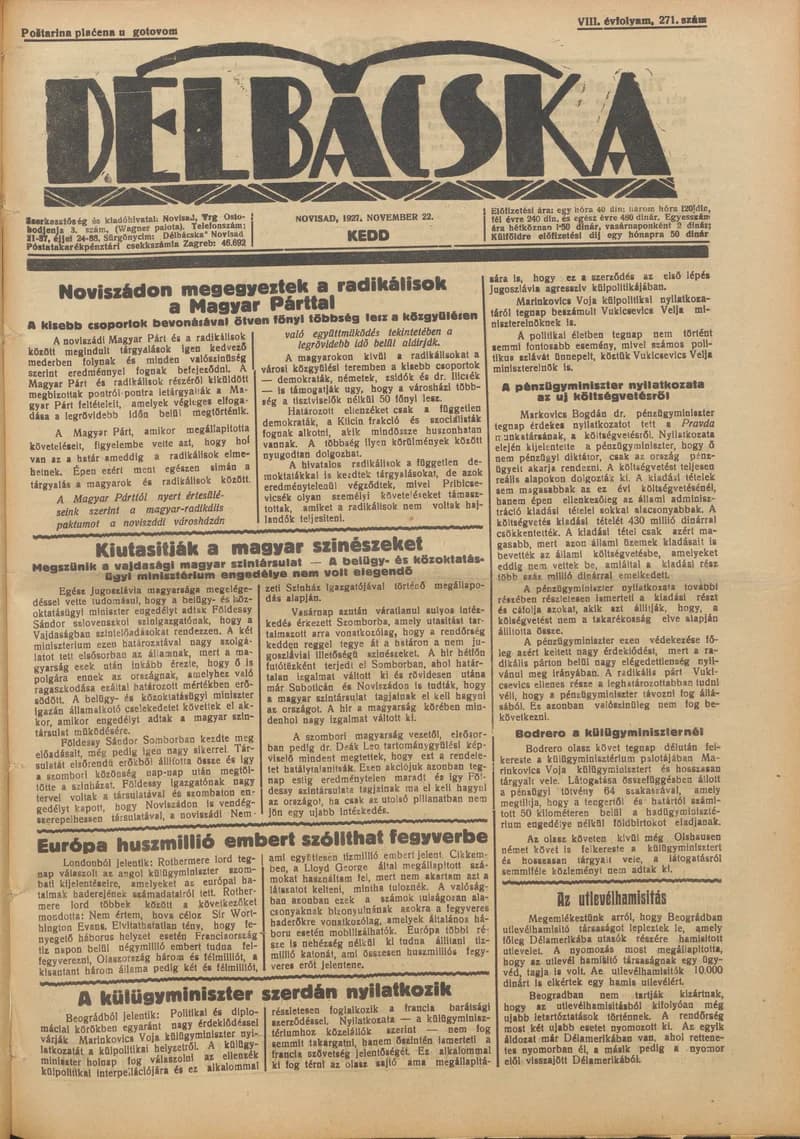 Délbácska, 8. évf. 1927. november 22. 271. sz.