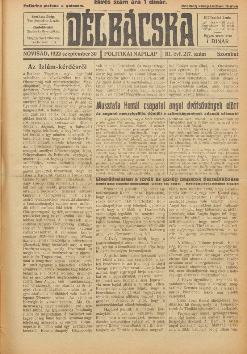 Délbácska, 3. évf. 1922. szeptember 30. 217. sz.