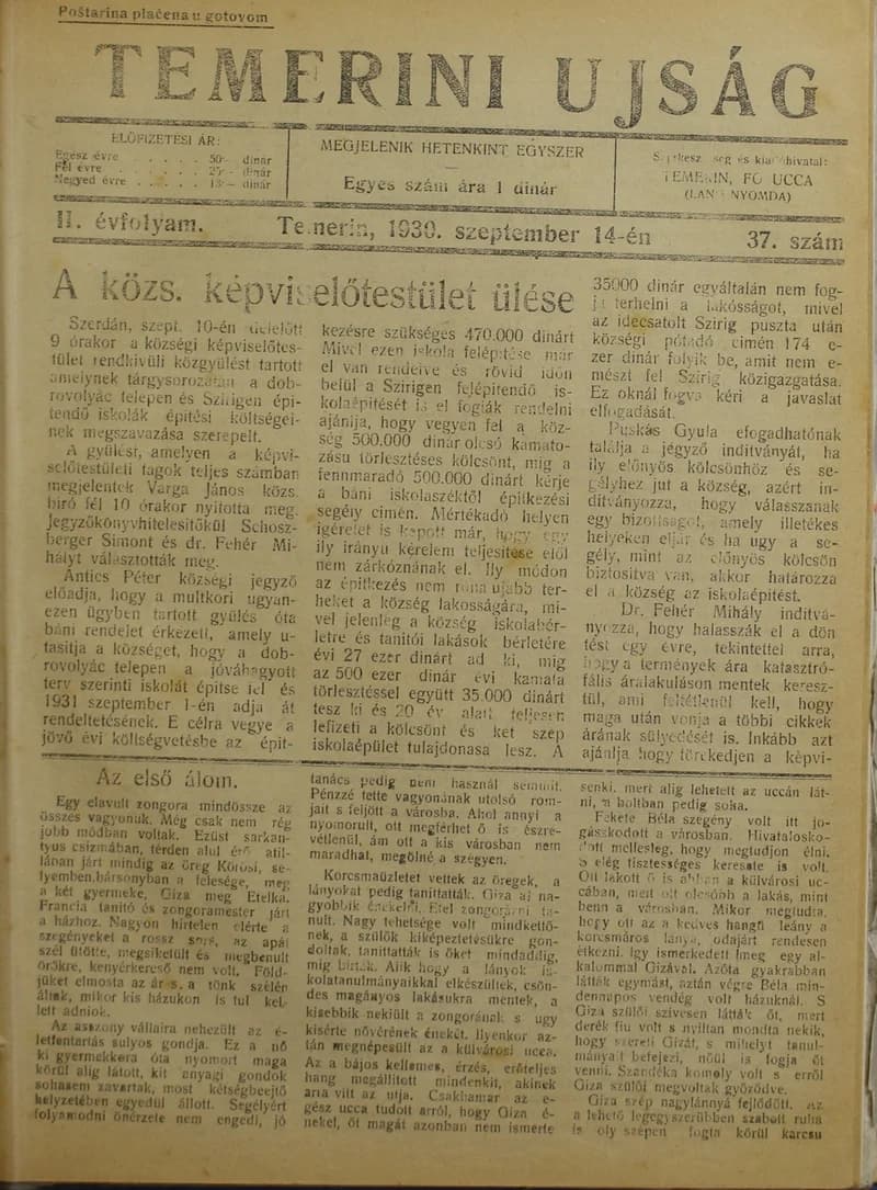 Temerini Újság 1928-1944, 3. évf. 1930. szeptember 14. 37. sz.