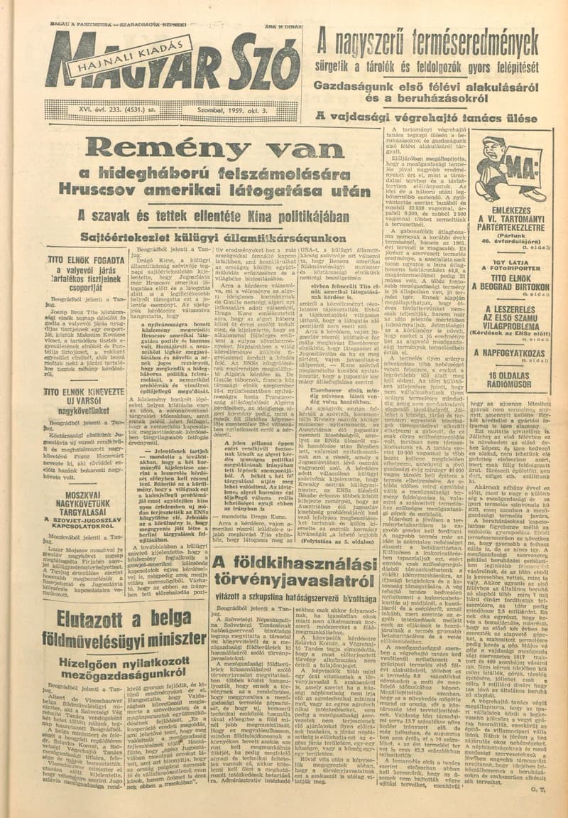 Magyar Szó, 16. évf. 1959. október 3. 233. sz. 1–20. oldal
