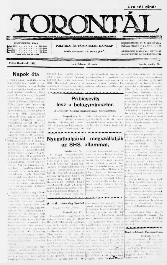 Torontál, 50. évf. 1921. április 20. 85. sz.