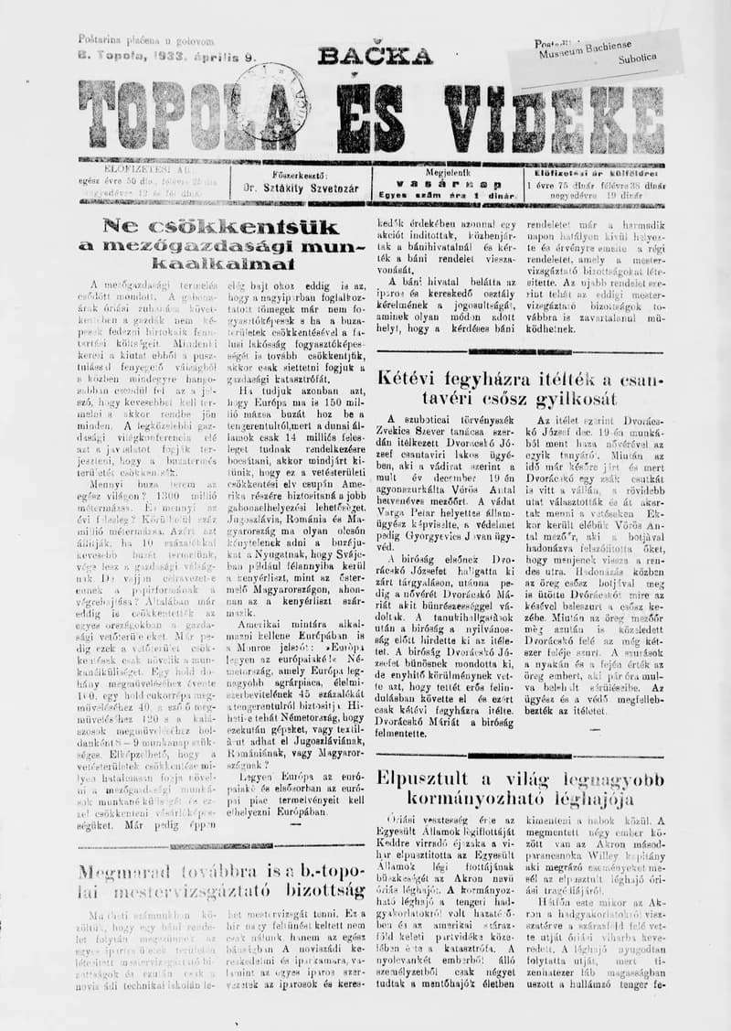 Bačka Topola és Vidéke, 10. évf. 1933. április 9. 15. sz.