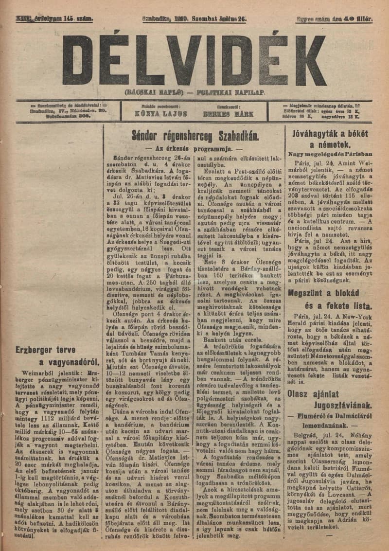 Délvidék, 13. évf. 1919. július 26. 145. sz.