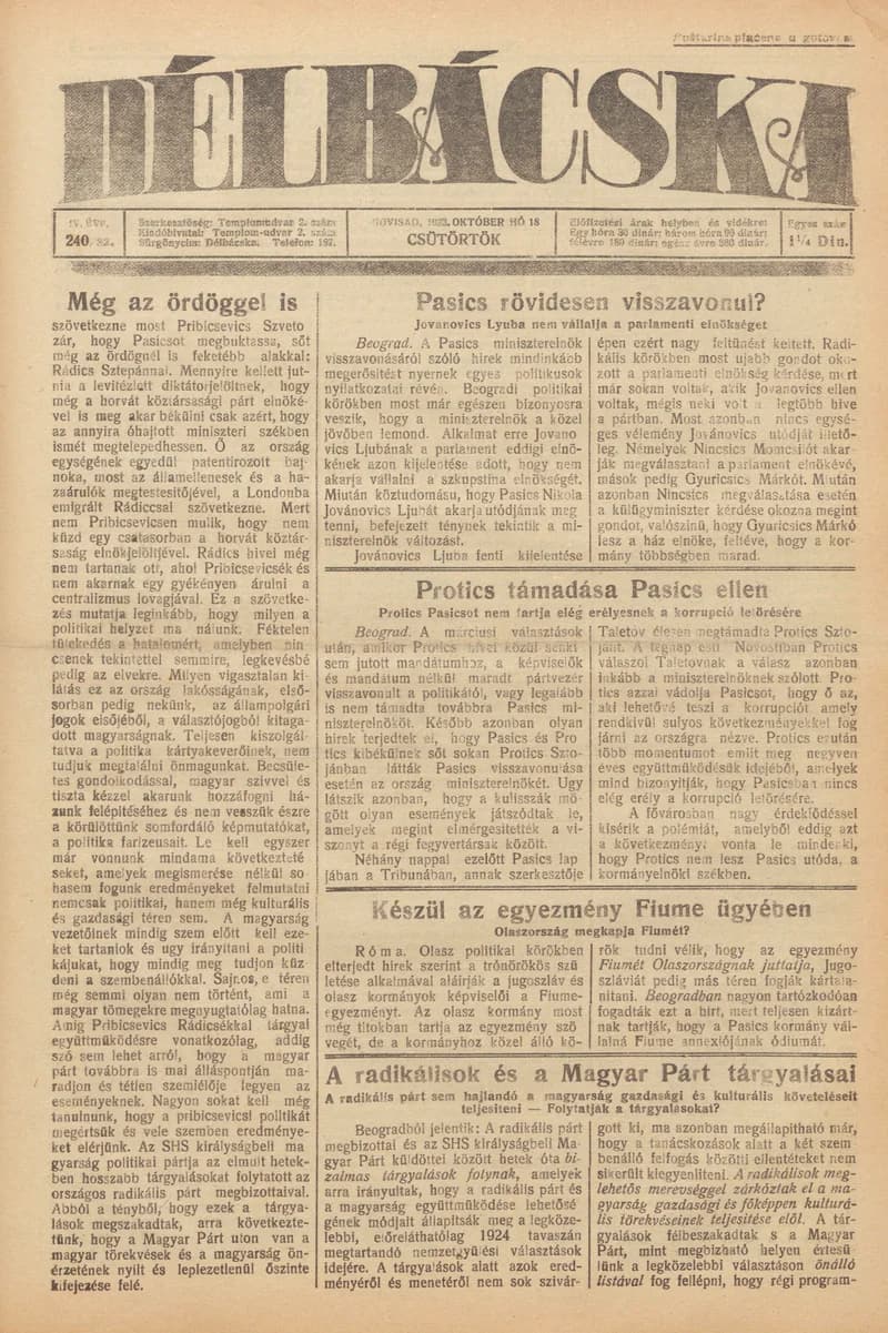 Délbácska, 4. évf. 1923. október 18. 240. sz.