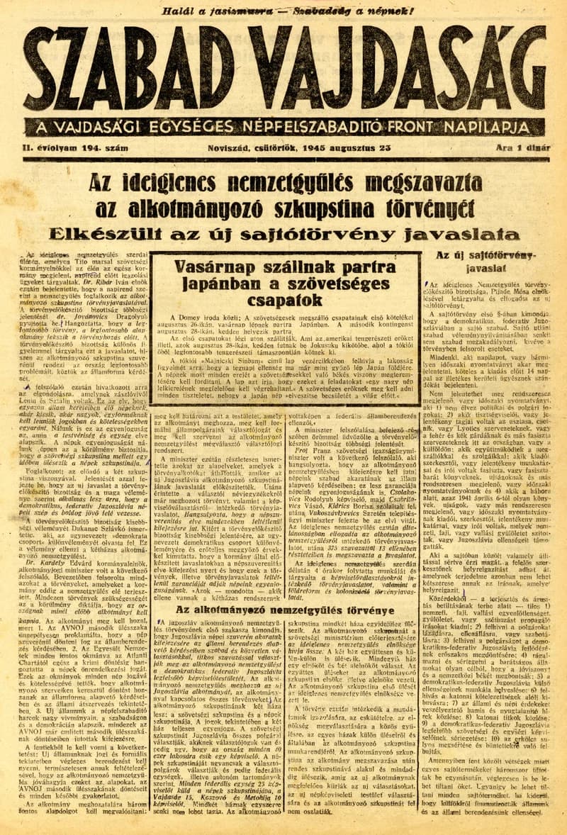 Szabad Vajdaság, 2. évf. 1945. augusztus 23. 194. sz.