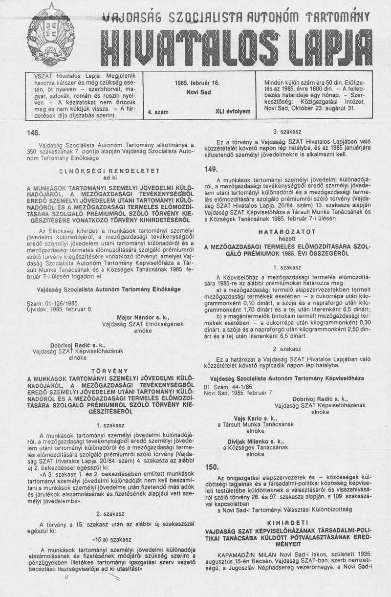Vajdaság Szocialista Autonóm Tartomány Hivatalos Lapja, 41. évf. 1985. február 18. 4. sz.