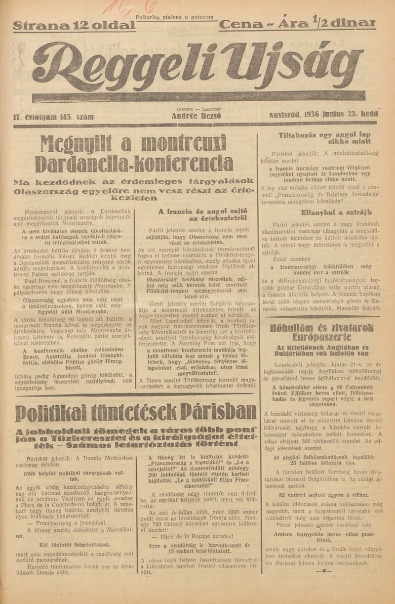 Reggeli Újság, 17. évf. 1936. június 23. 145. sz.