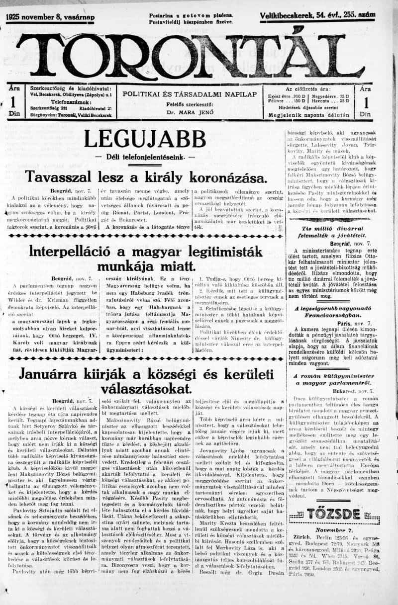 Torontál, 54. évf. 1925. november 8. 255. sz.
