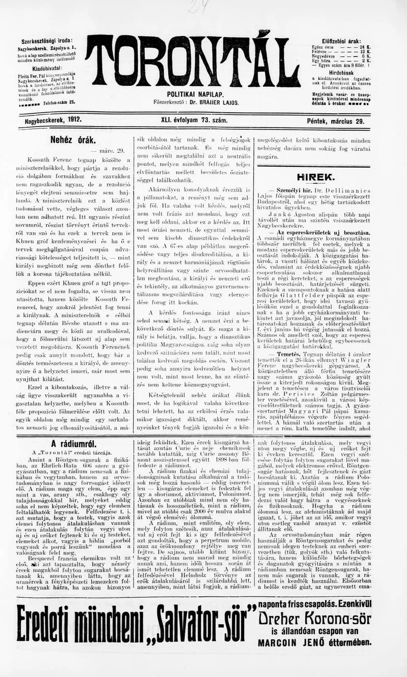 Torontál, 41. évf. 1912. március 29. 73. sz.