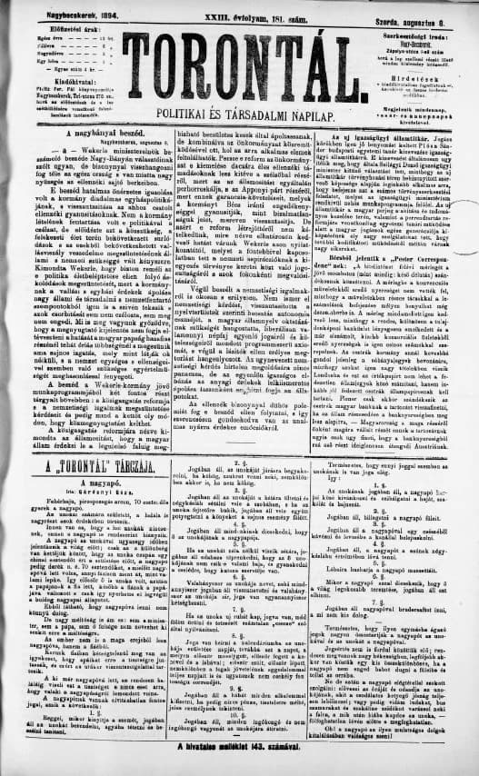 Torontál, 23. évf. 1894. augusztus 8. 181. sz.