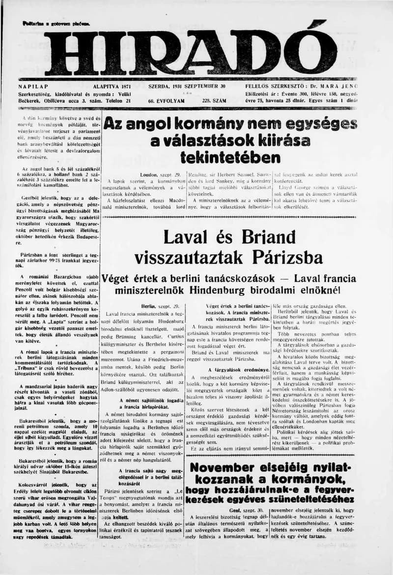 Híradó, 60. évf. 1931. szeptember 30. 225. sz.