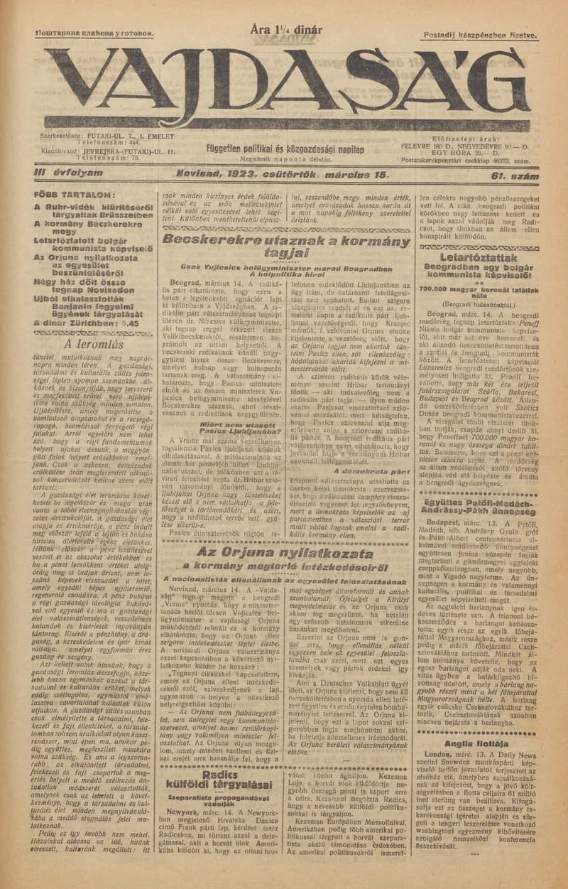 Vajdaság, 3. évf. 1923. március 15. 61. sz.
