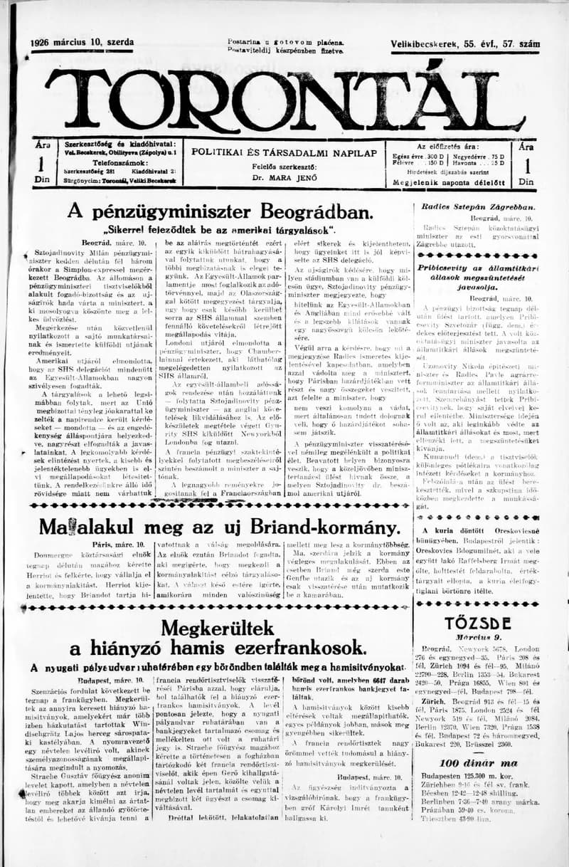Torontál, 55. évf. 1926. március 10. 57. sz.