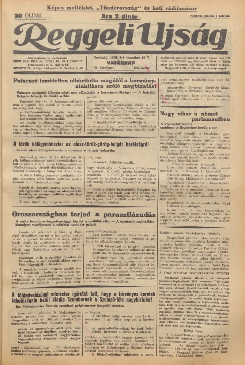 Reggeli Újság, 11. évf. 1930. december 7. 286. sz.