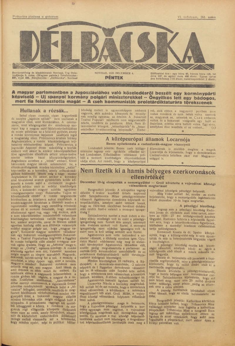 Délbácska, 6. évf. 1925. december 4. 281. sz.