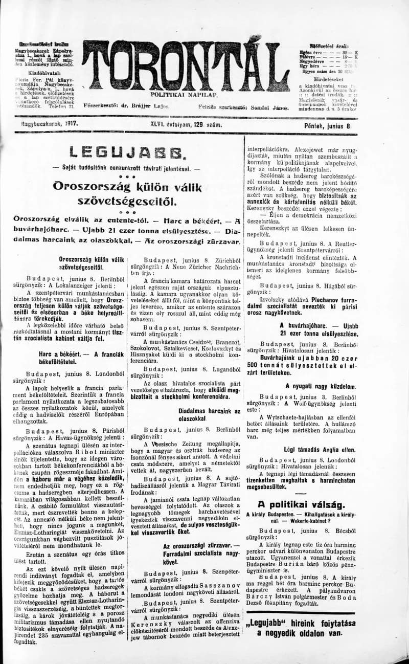 Torontál, 46. évf. 1917. június 8. 129. sz.