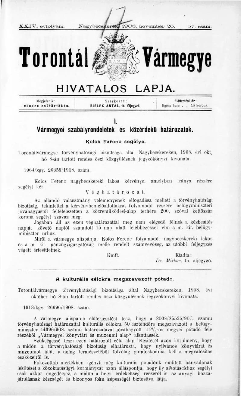 Torontál Vármegye Hivatalos Lapja, 24. évf. 1908. november 26. 57. sz.