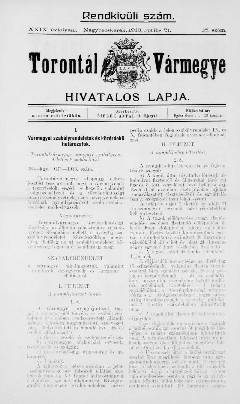 Torontál Vármegye Hivatalos Lapja, 29. évf. 1913. április 21. 18. sz.