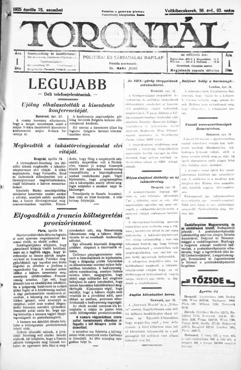 Torontál, 54. évf. 1925. április 25. 93. sz.
