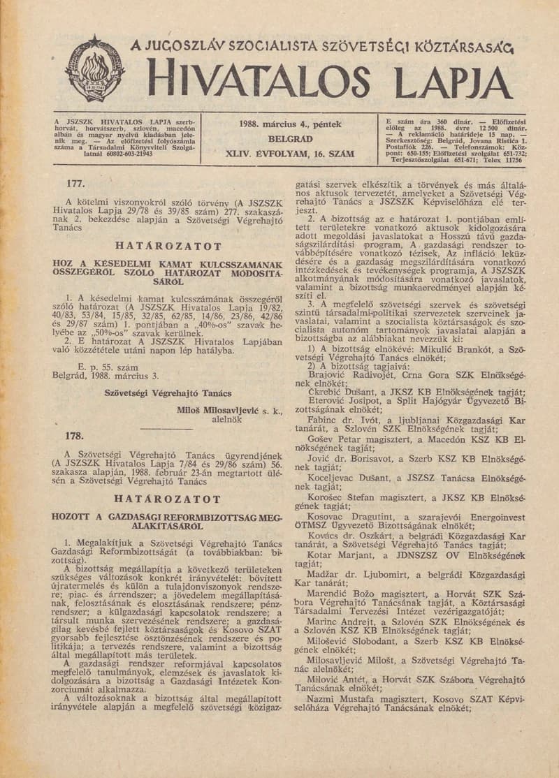A Jugoszláv Szocialista Szövetségi Köztársaság Hivatalos Lapja, 44. évf. 1988. március 4. 16. sz. 457–480. oldal