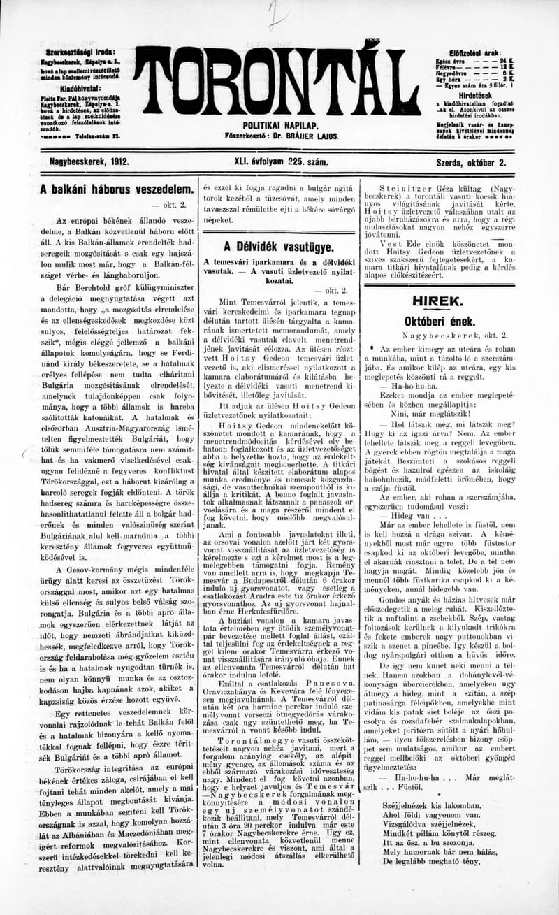 Torontál, 41. évf. 1912. október 2. 225. sz.